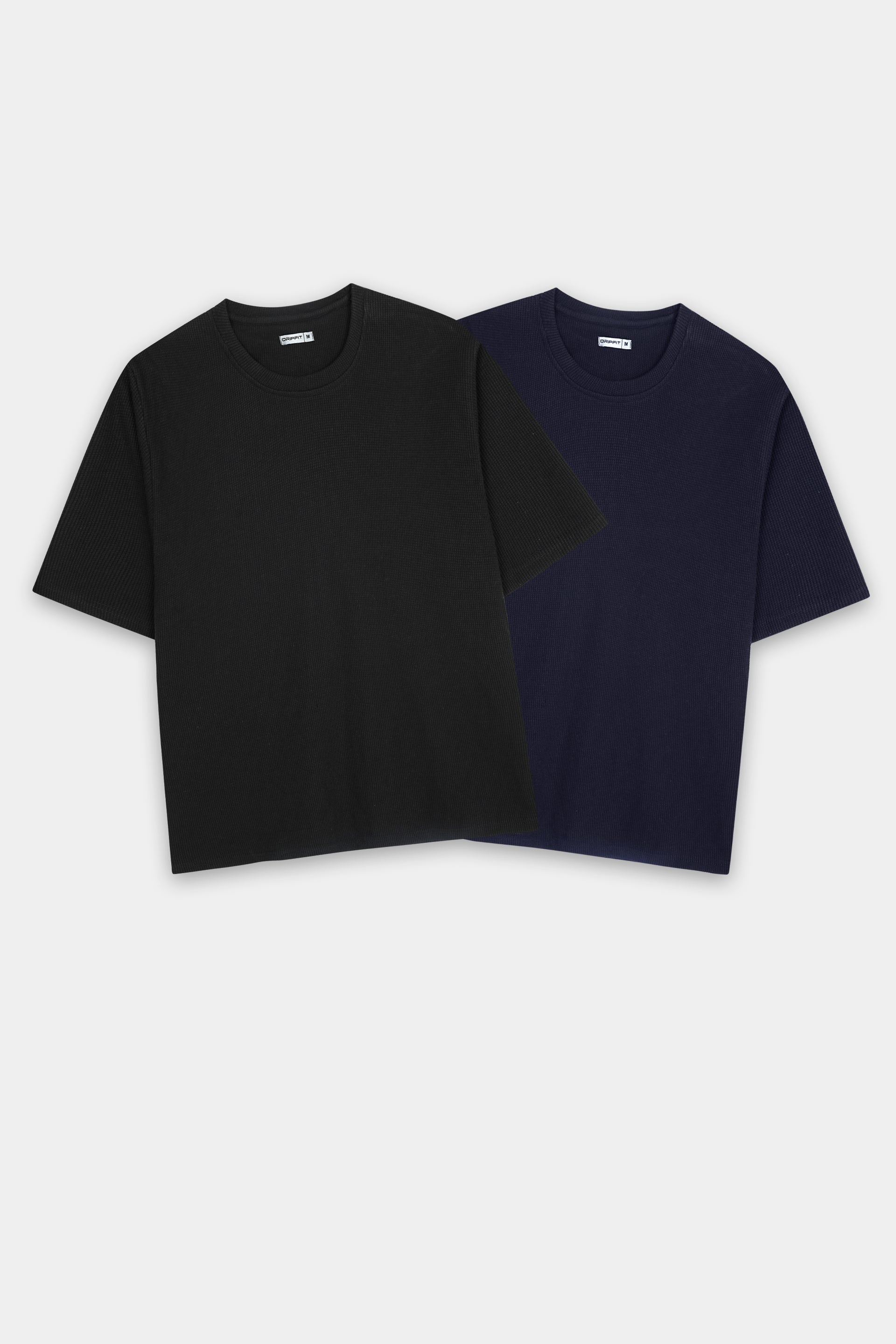 Waffle Knit Crew Neck T-Shirt Bundle – Navy Blue & Black
