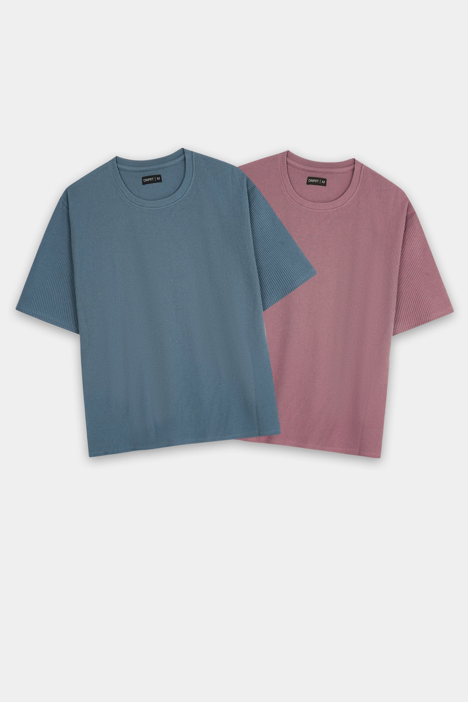 Waffle Knit Crew Neck T-Shirt Bundle – Steel Blue & Dusty Pink